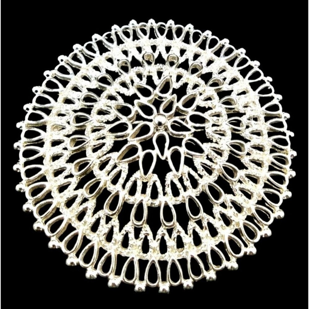 Sarah Coventry Large Silver Filigree Brooch Lace Mandala Vintage Pin 2.5" Signed